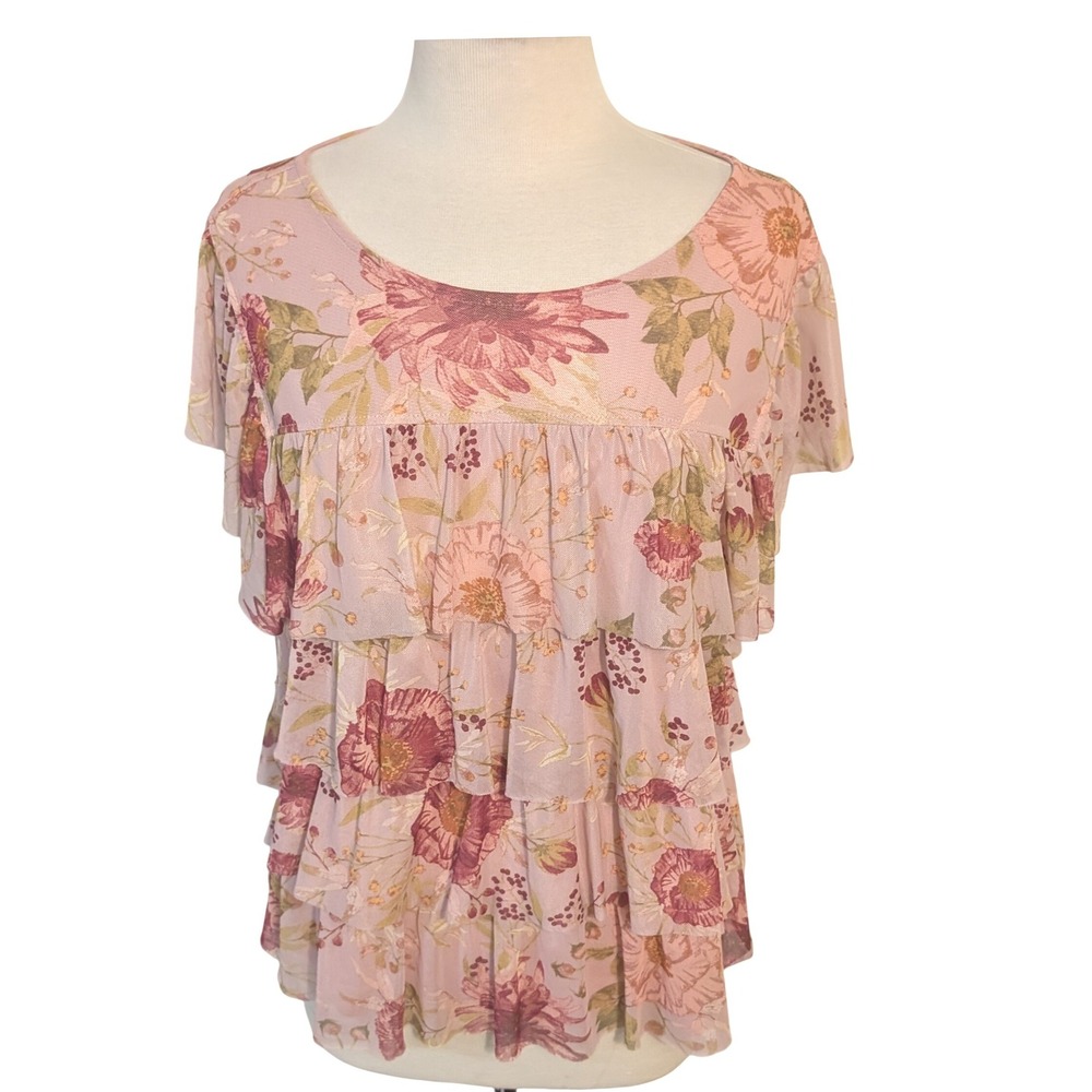 Lauren Conrad XL Pink Floral Tiered Ruffle Blouse Romantic Boho Fairy Feminine - Picture 2 of 8